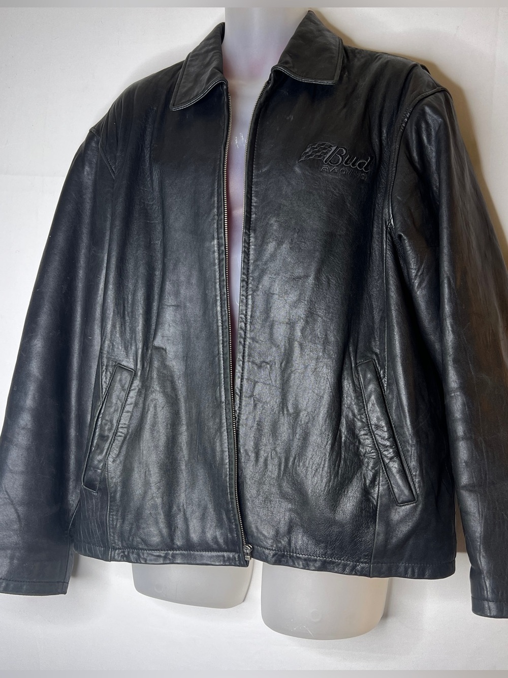 Excelled Bud Racing Mens Black Leather Jacket Size M Zipper Issue READ